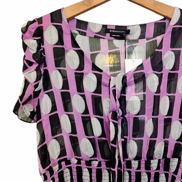 BCBGMAXAZRIA Chiffon Top V-Neck Abstract Pink Black Short Sleeves Neck Tie NWT - Picture 6 of 7